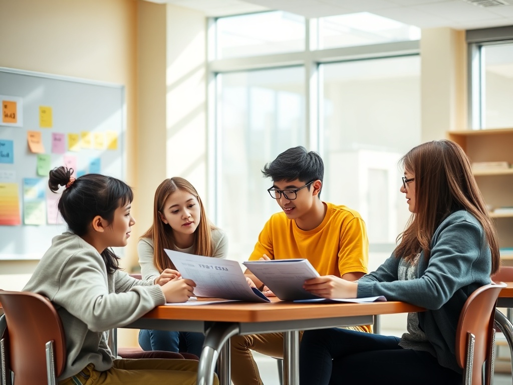 Четыре человека сидят за столом, обсуждая документы в светлом классе с окнами.