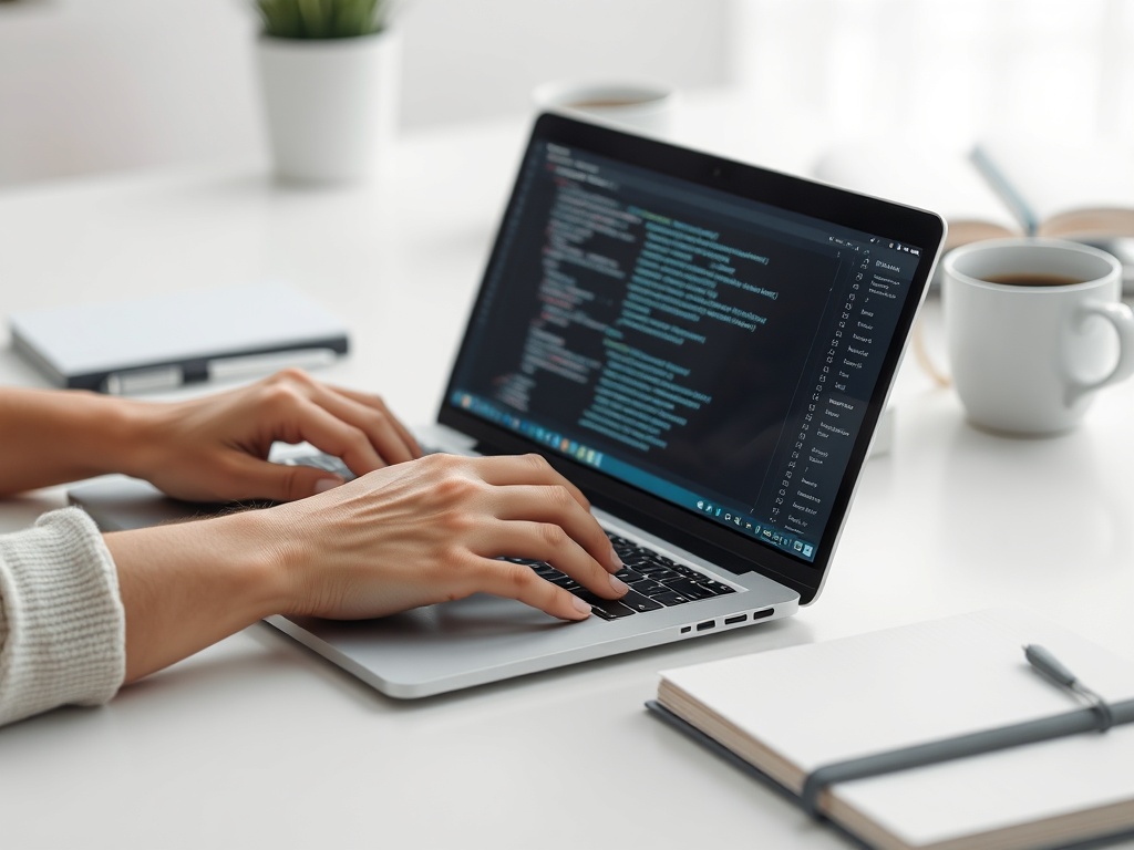 На изображении руки, работающие на ноутбуке с кодом, на столе лежат блокнот и чашка кофе.