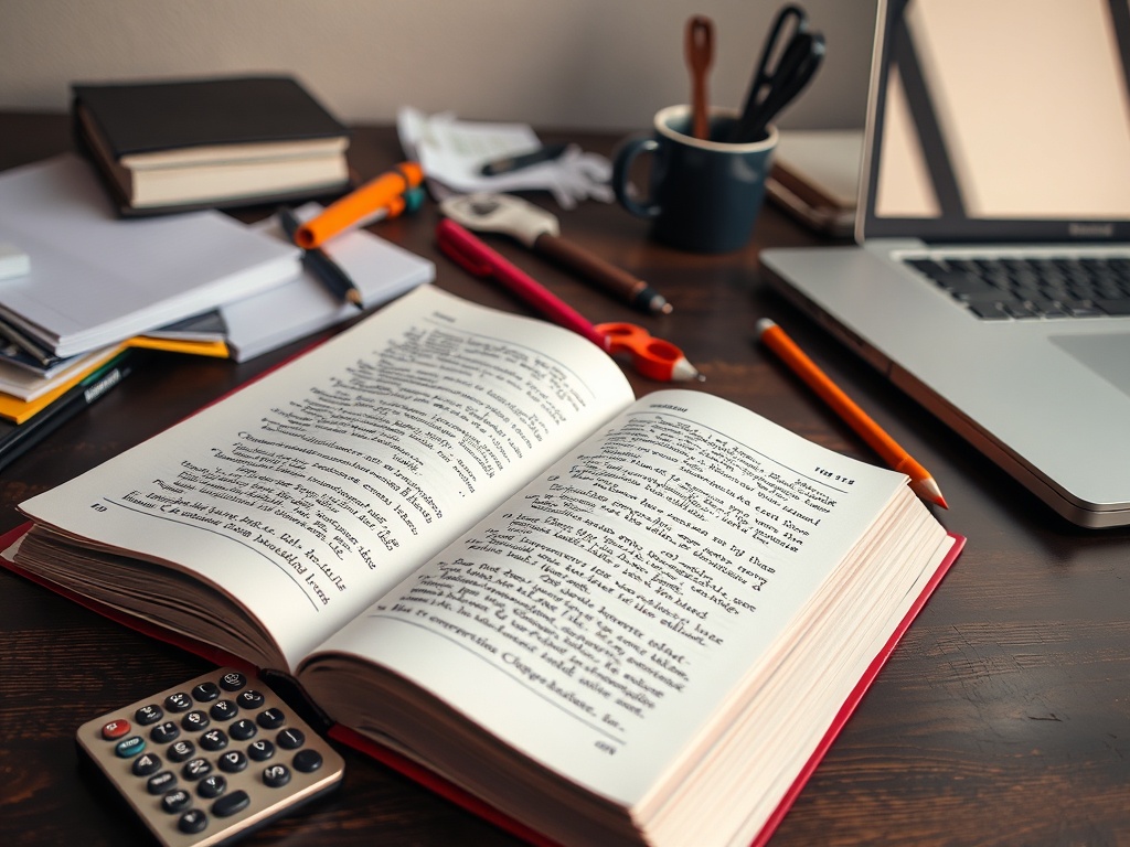 На столе открытая книга, канцелярские принадлежности, ноутбук и чашка. Обстановка для учёбы или работы.