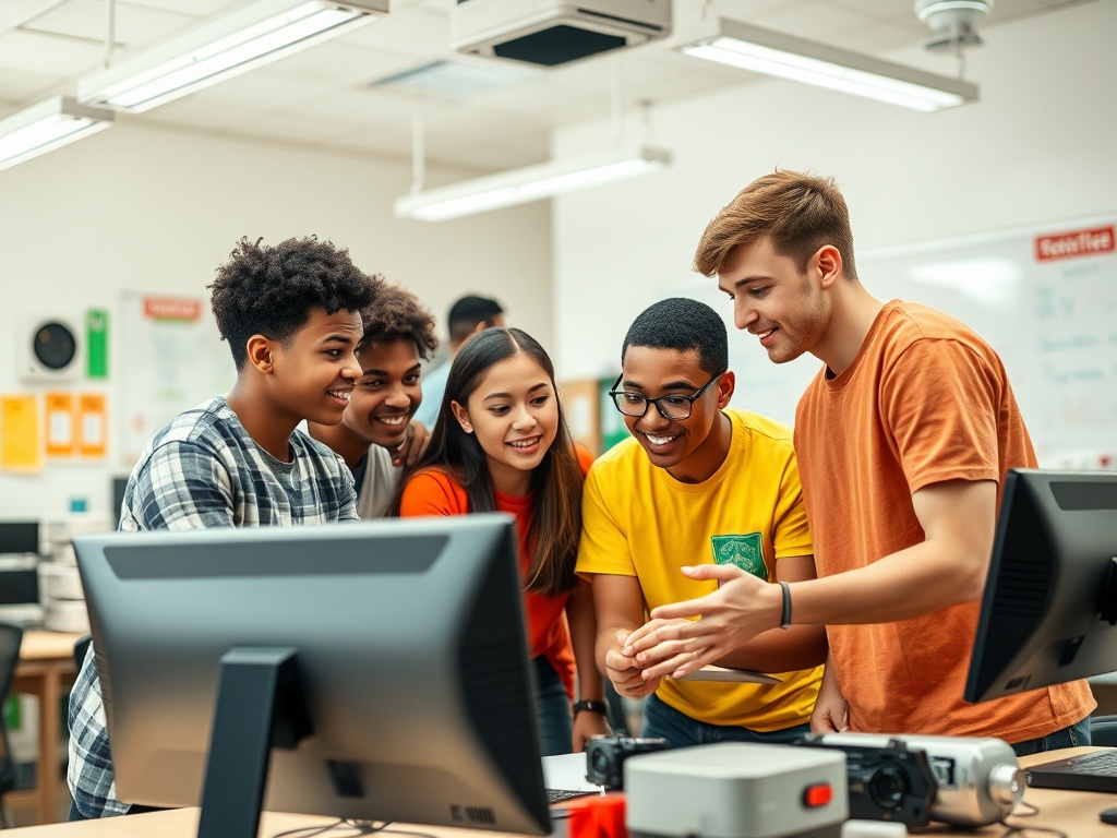 Группа подростков в классной комнате, обсуждающих проект за компьютером, с улыбками на лицах.