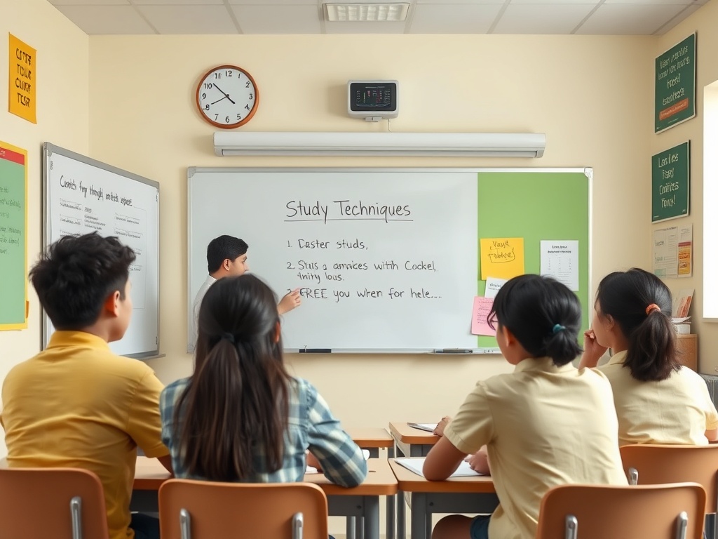 Учитель объясняет приемы обучения группе студентов в классе. На доске написан план урока.