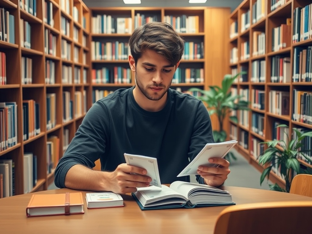 Молодой человек читает книги в библиотеке, окружённый полками с литературой и зеленым растением.