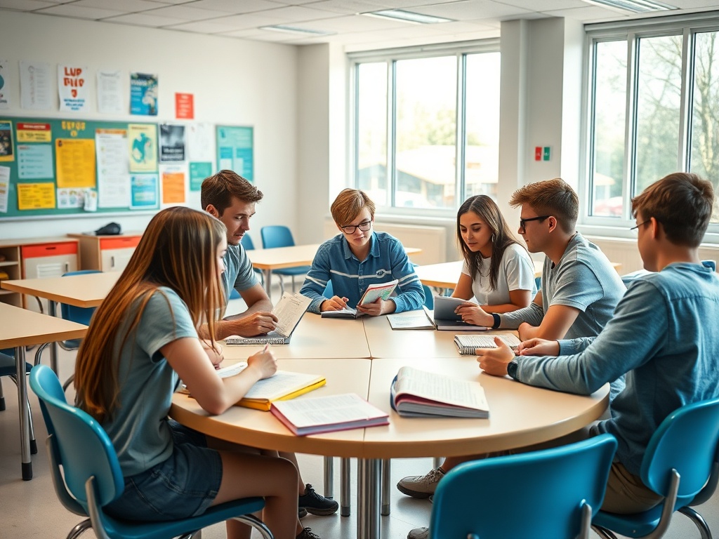 Группа студентов обсуждает учебные материалы за круглыми столами в классной комнате.
