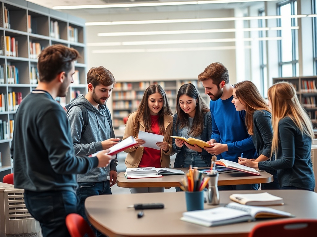 Группа студентов обсуждает учебные материалы в библиотеке, окруженная книгами и тетрадями.