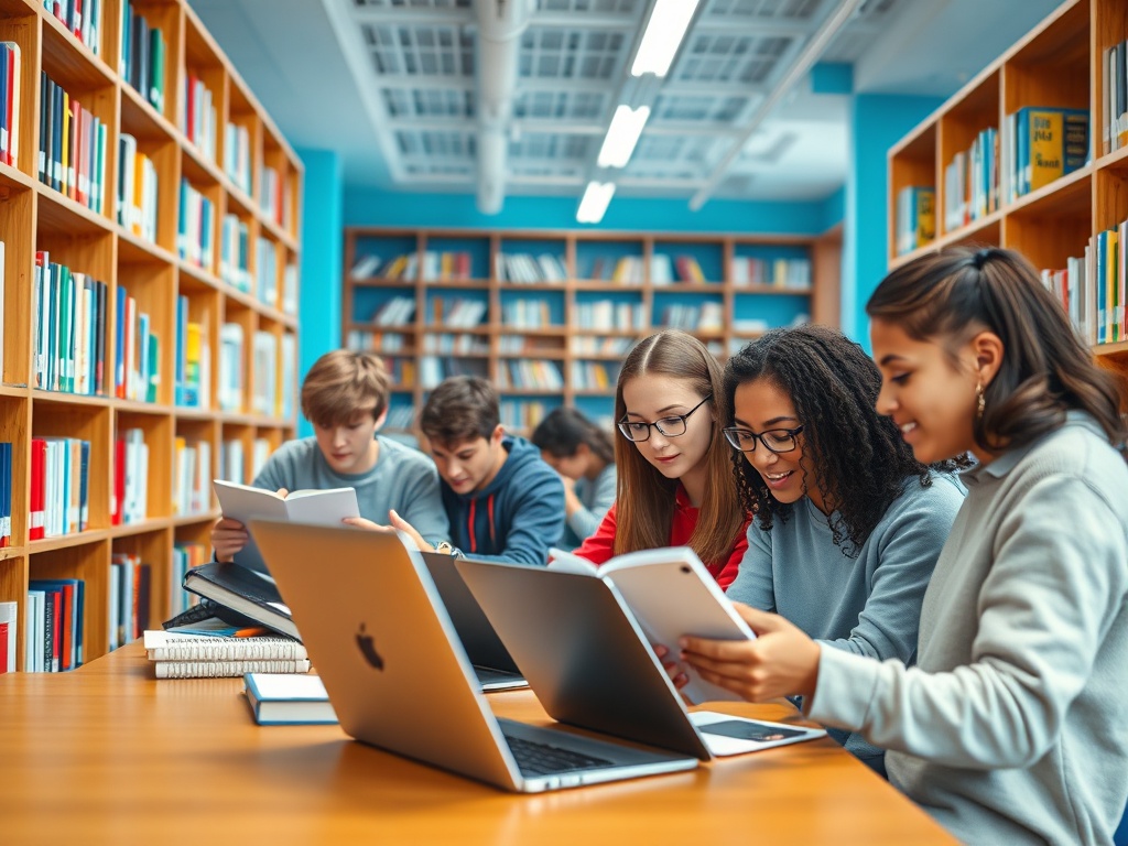 Шестеро студентов сидят за столом в библиотеке, читают книги и работают на ноутбуках.