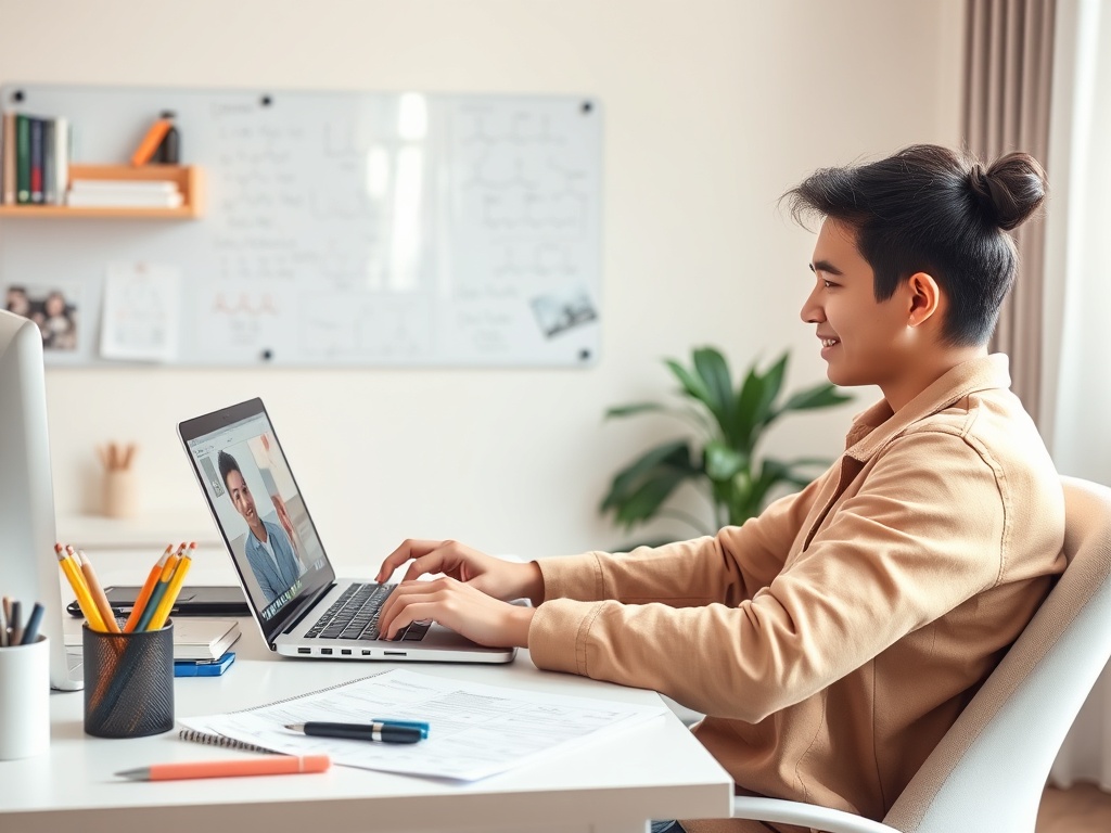 Молодой человек сидит за столом и общается по видеосвязи с другом на ноутбуке. В комнате много света.