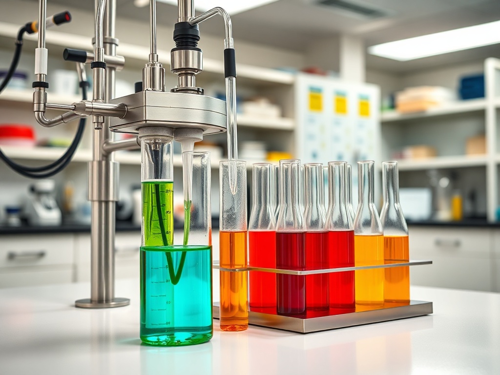 В лаборатории находятся колбы с жидкостями разных цветов: зеленой, оранжевой, красной и желтой.