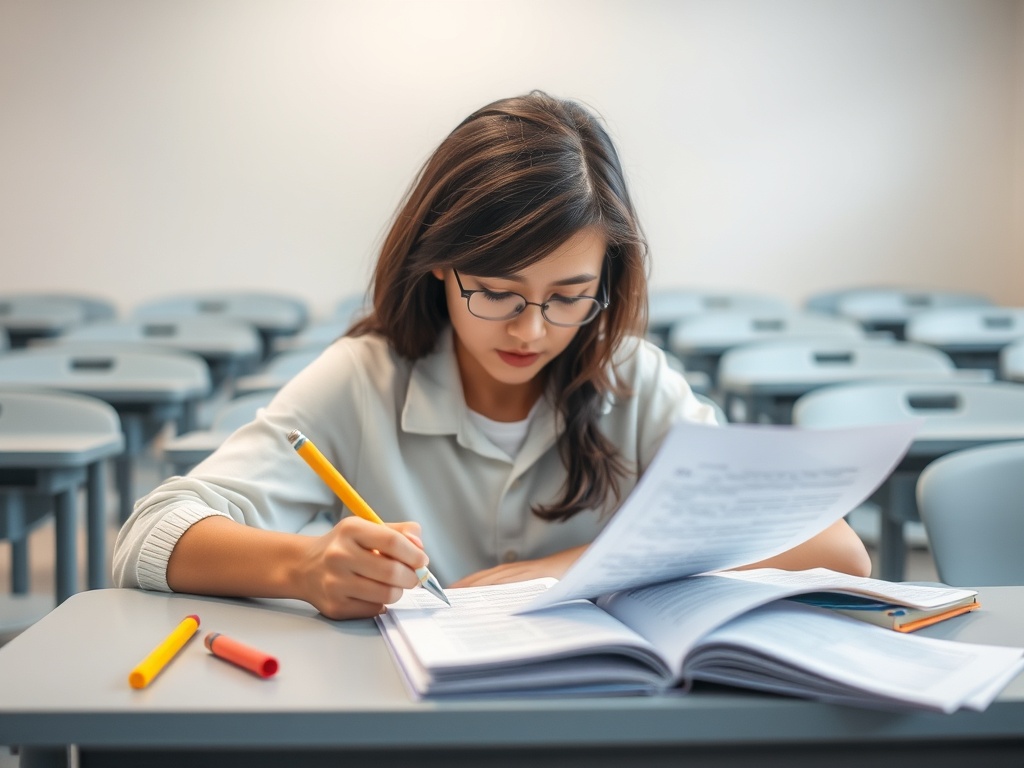 Студентка за столом учится и делает записи в тетради с учебниками и канцелярскими принадлежностями.