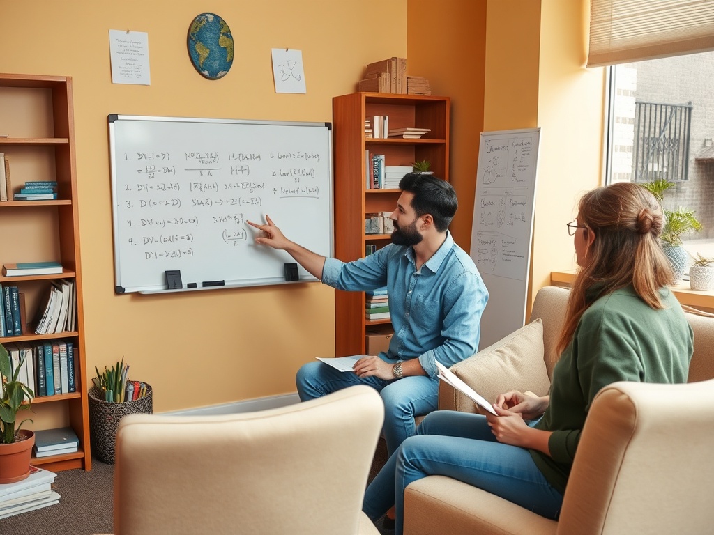На занятии: мужчина объясняет материал, женщина занимается, на доске написаны уравнения и записи.