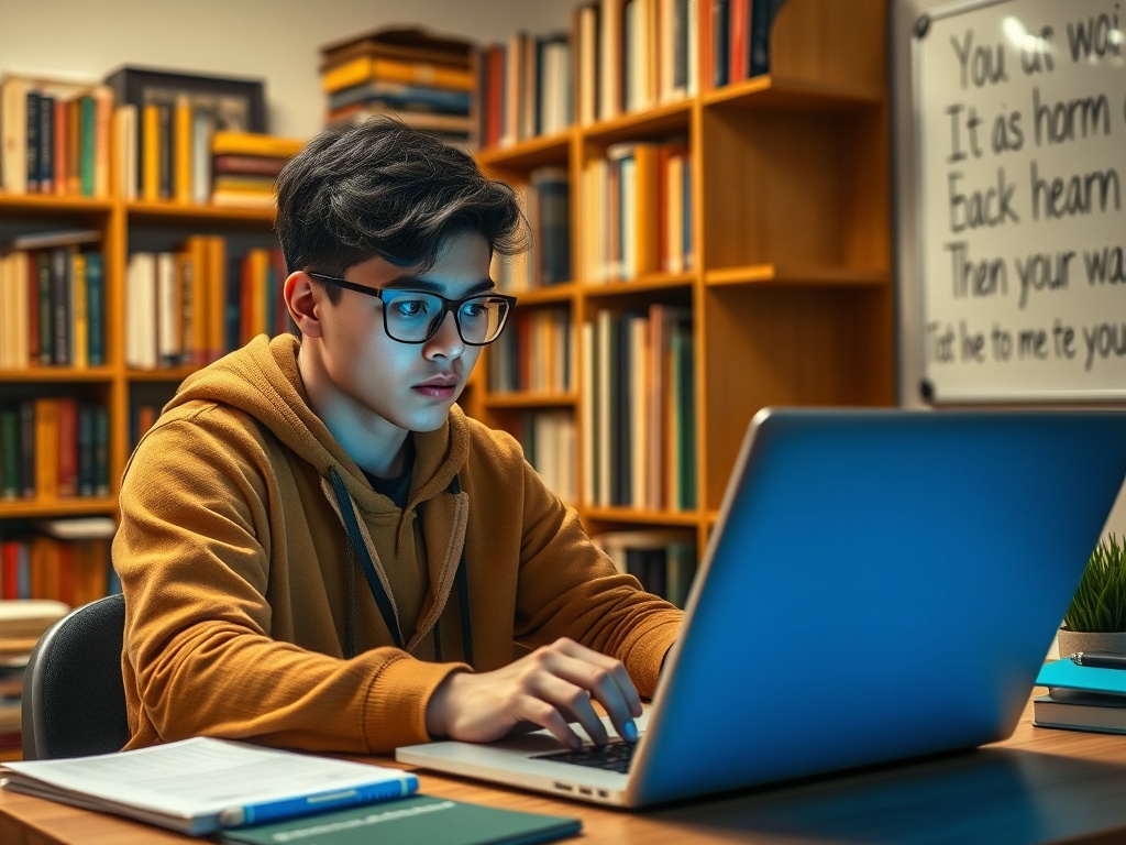 Молодой человек в очках работает за ноутбуком в библиотеке, окружённый книгами.