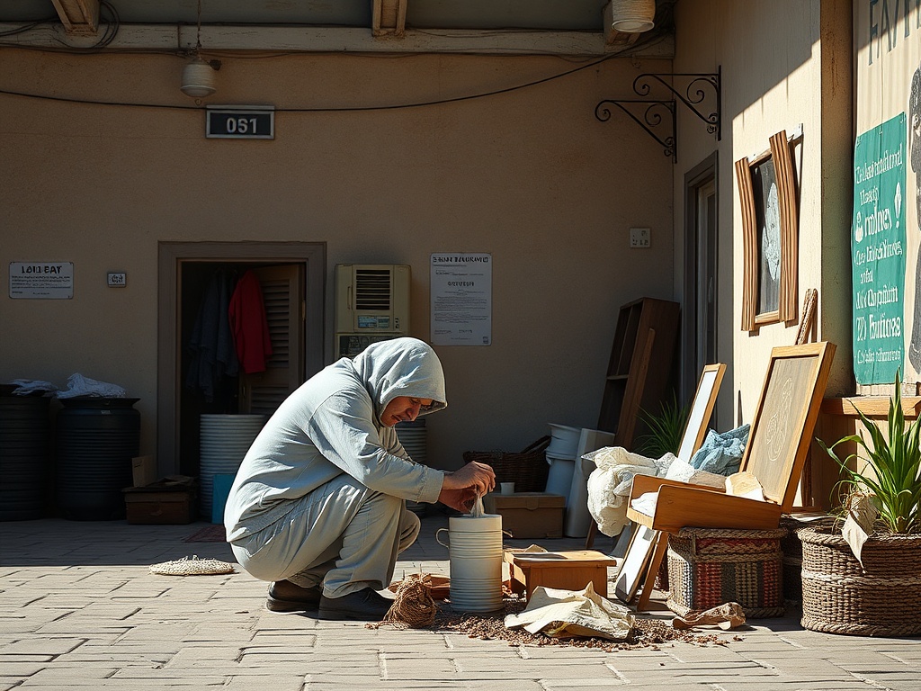 Человек в капюшоне работает с материалами на открытом воздухе, окружённый ящиками и растениями.