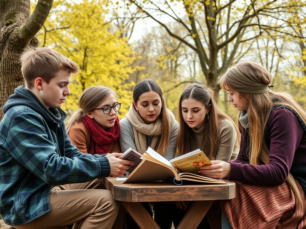 Группа молодых людей сидит за столом и с интересом читает книги на фоне осеннего пейзажа.