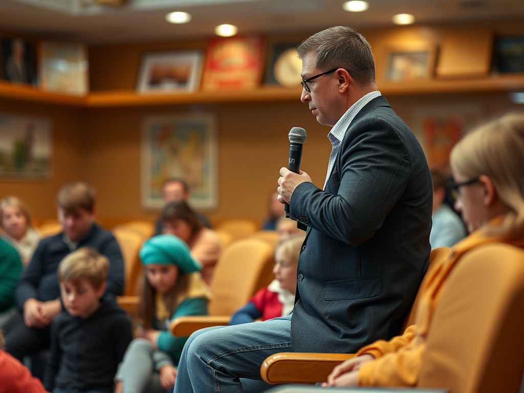 Мужчина с микрофоном разговаривает с детьми в аудитории. Внимательные слушатели наблюдают за ним.