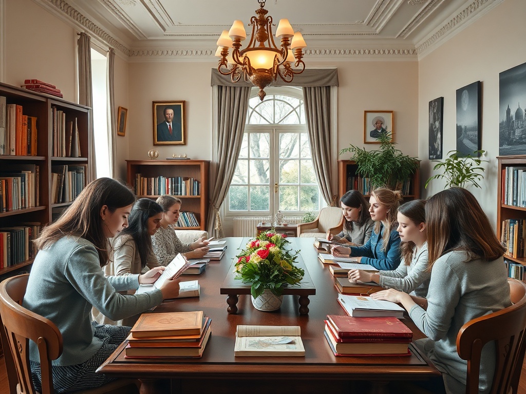 В библиотеке группа женщин читает и обсуждает книги за столом с цветами. Тихая и уютная обстановка.