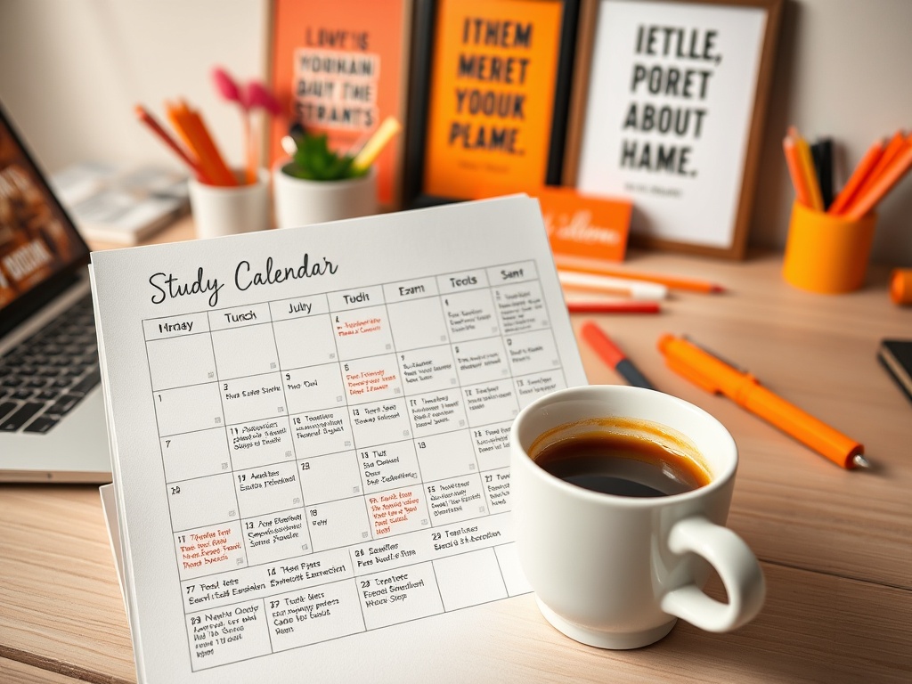 На столе открыт учебный календарь, рядом кружка с кофе и офисные принадлежности. Вдохновляющие постеры на стене.