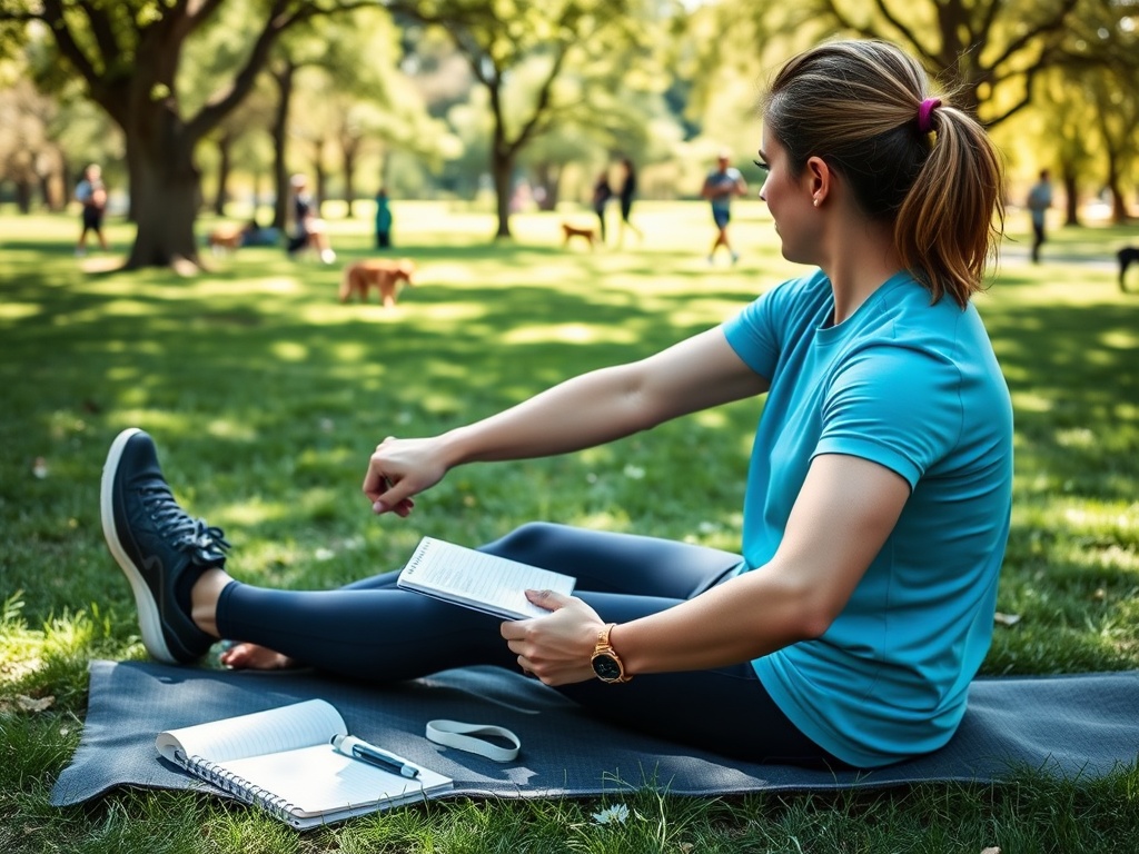 Женщина в голубой футболке сидит на траве, занимаясь растяжкой и держа блокнот. Вокруг гуляют люди с собами.