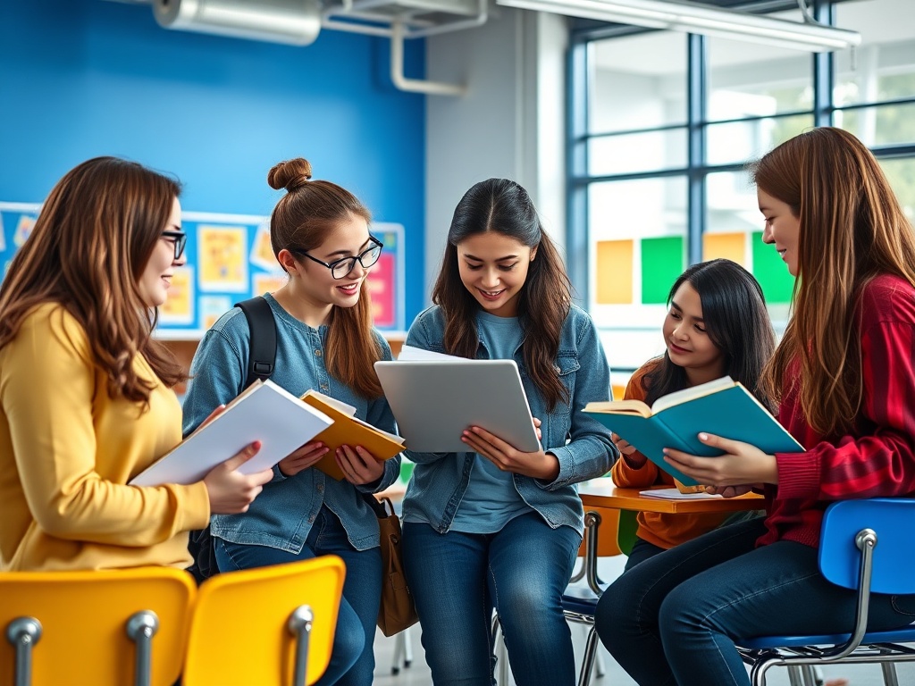 Группа девушек обсуждает книги и планшет в классе, улыбаются и делятся знаниями.
