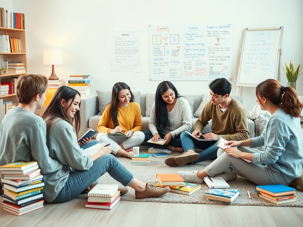 Группа студентов сидит на полу, обсуждая материалы с книгами и заметками вокруг. Атмосфера учебы и сотрудничества.